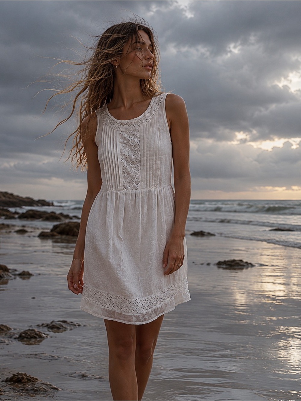 Old Navy Ivory Cotton Blend Prairie Babydoll Sleveless Lace Mini Lined Dress